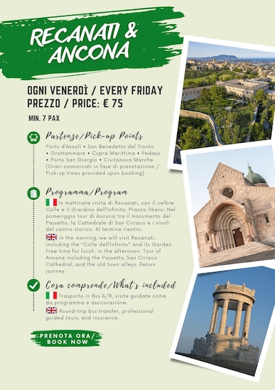A travel brochure for a guided tour of Recanati and Ancona, including landmarks like the Colle dell'Infinito and San Circa Cathedral. 1