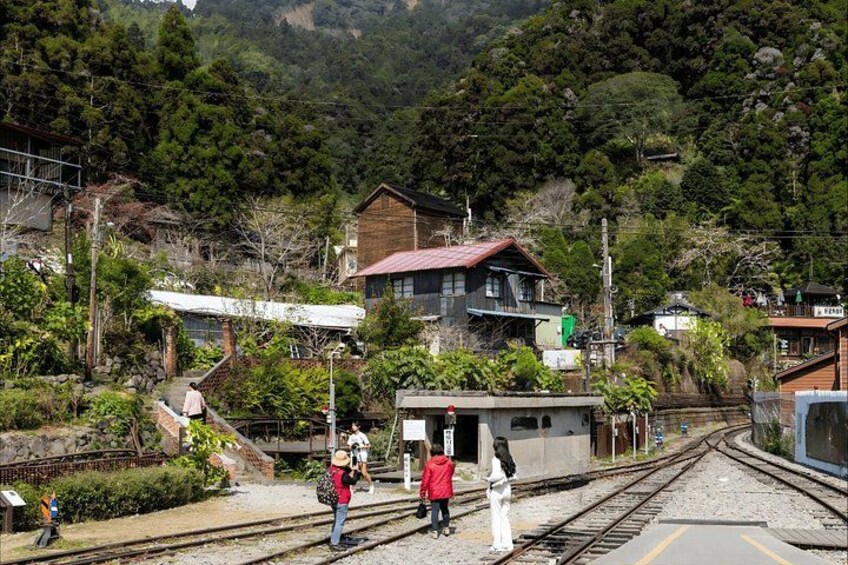 A railway track with a small station building, a person in a red jacket, and a hilly landscape with houses. 3