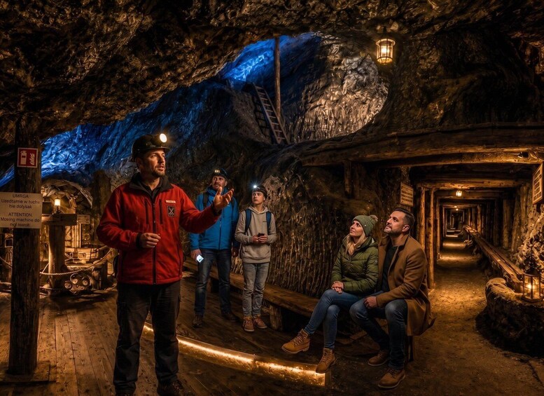 A group of people in a dimly lit underground tunnel with wooden benches and a blue-lit wall. 5