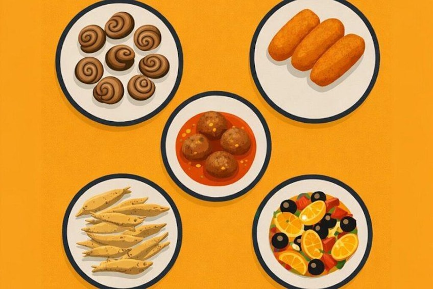 Fünf Teller Essen vor einem orangefarbenen Hintergrund. 1