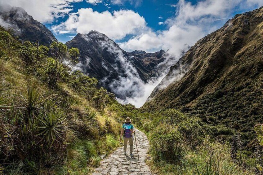 A person hiking on a stone path surrounded by lush greenery and mountains. 5