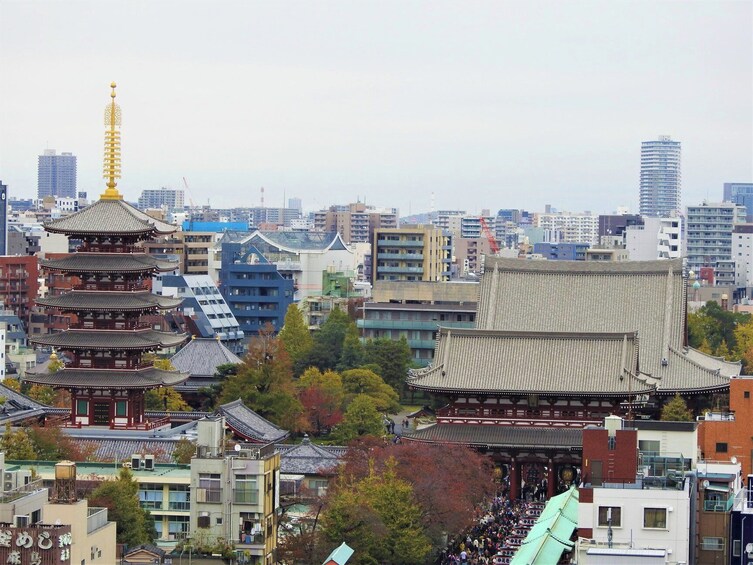 Perinteinen japanilainen arkkitehtuuri modernin kaupunkimaiseman keskellä. 2