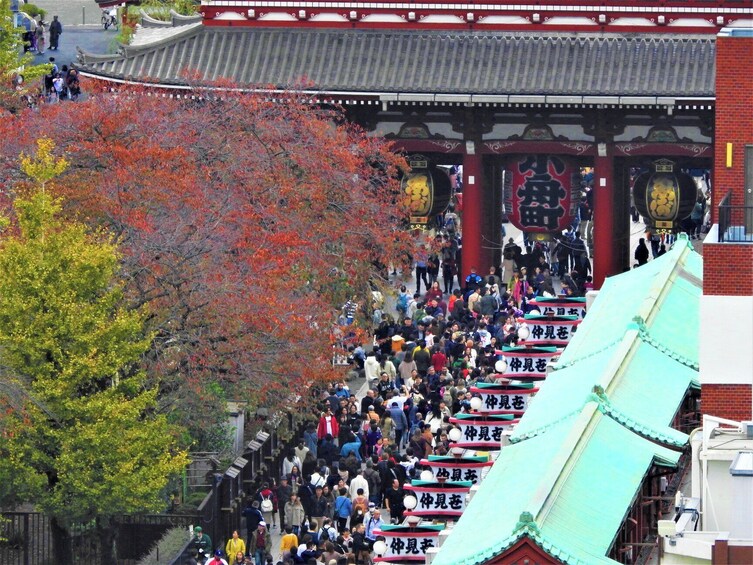 Perinteinen japanilainen temppeli, jonka portaita kiipeää suuri ihmisjoukko. 3