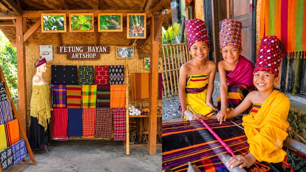 A traditional weaving workshop with colorful textiles displayed and two individuals engaged in the weaving process. 3
