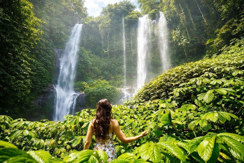 A woman in a floral dress standing in a lush green area with waterfalls. 1