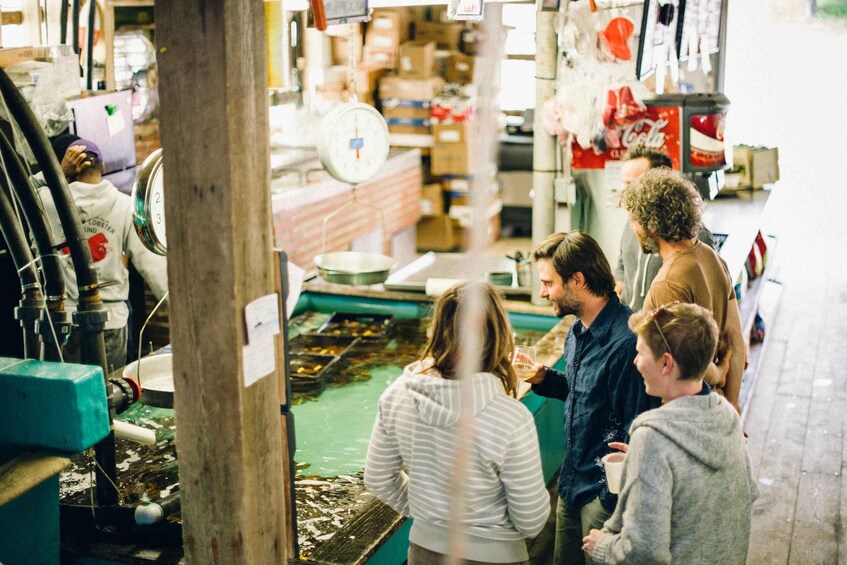 A group of people observing a fish tank in a workshop with industrial equipment and Coca-Cola vending machines. 2