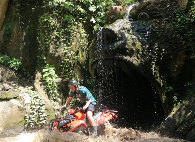 A person on a red ATV navigating through a water obstacle in a natural setting with a large rock formation resembling a face. 4