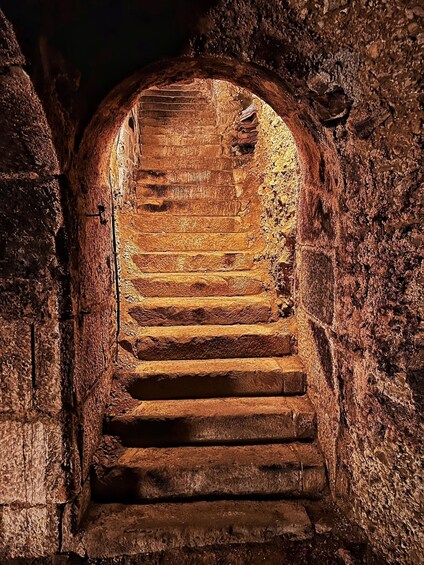 A stone staircase leading up to a dark opening in a brick wall. 3