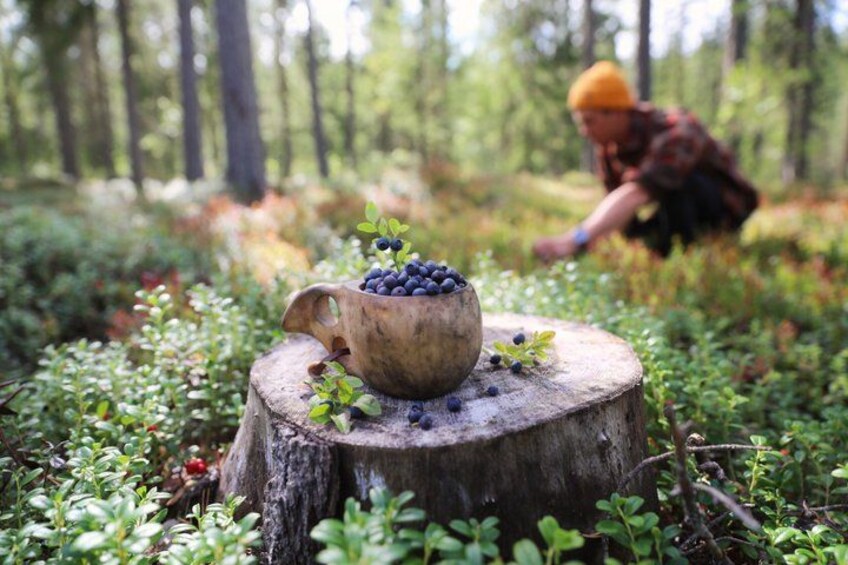 A wooden cup filled with blueberries on a tree stump in a forest. 3