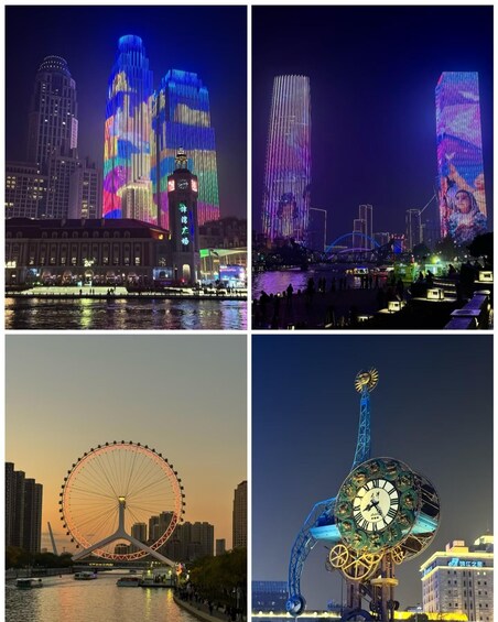 A cityscape with illuminated buildings, a Ferris wheel, and a clock tower. 5