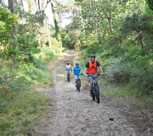 Three cyclists on a dirt trail surrounded by dense greenery. 5