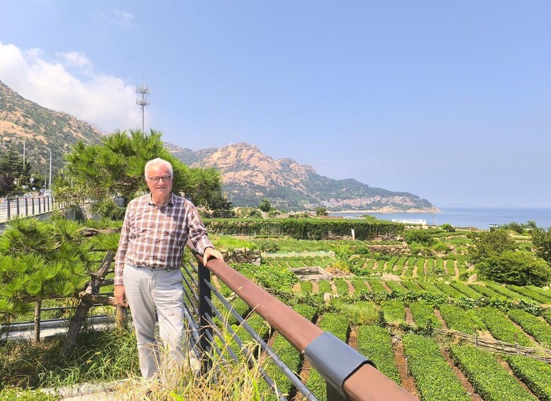A man standing by a railing overlooking a vineyard with a coastal landscape in the background. 3