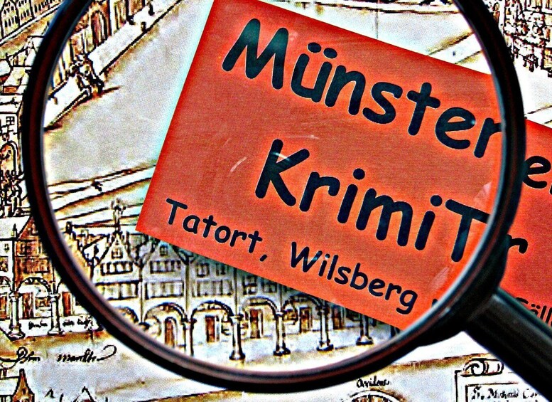 A magnifying glass over a map highlighting 'Münster, Krim, Tatort, Wilsberg.' 1