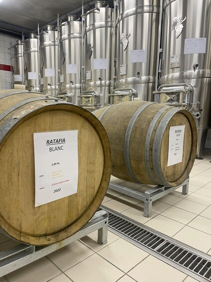 Stainless steel fermentation tanks and wooden barrels in a winery. 4