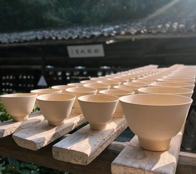 Ceramic bowls lined up on wooden planks outdoors. 4