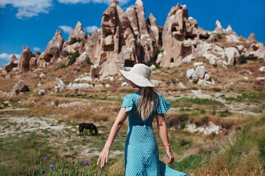 A person in a polka dot dress and wide-brimmed hat walking on grass with a mountainous landscape in the background. 3