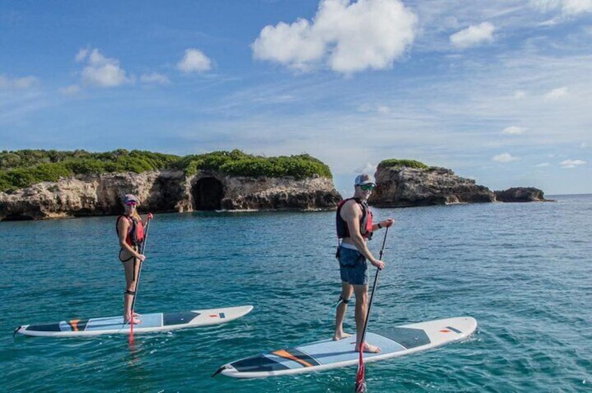 Two people paddleboarding on calm water with a rocky coastline and greenery in the background. 1