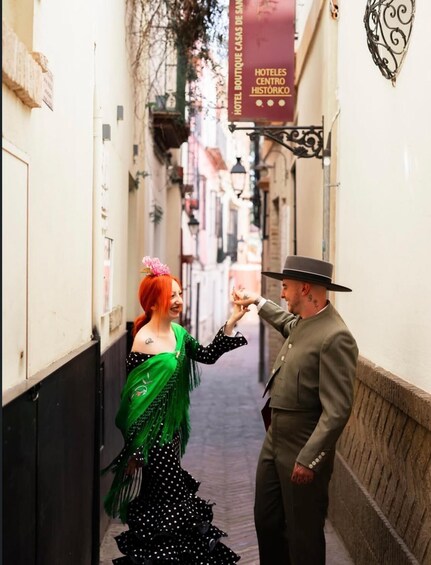 A narrow street with buildings on either side, a sign for 'HOTEL BOUTIQUE CASAS DE SAHORIA HISTÓRICO,' and a couple dancing. 4