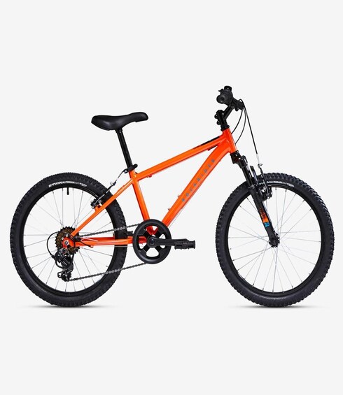 A mountain bike with a black seat, orange frame, and black tires. 3