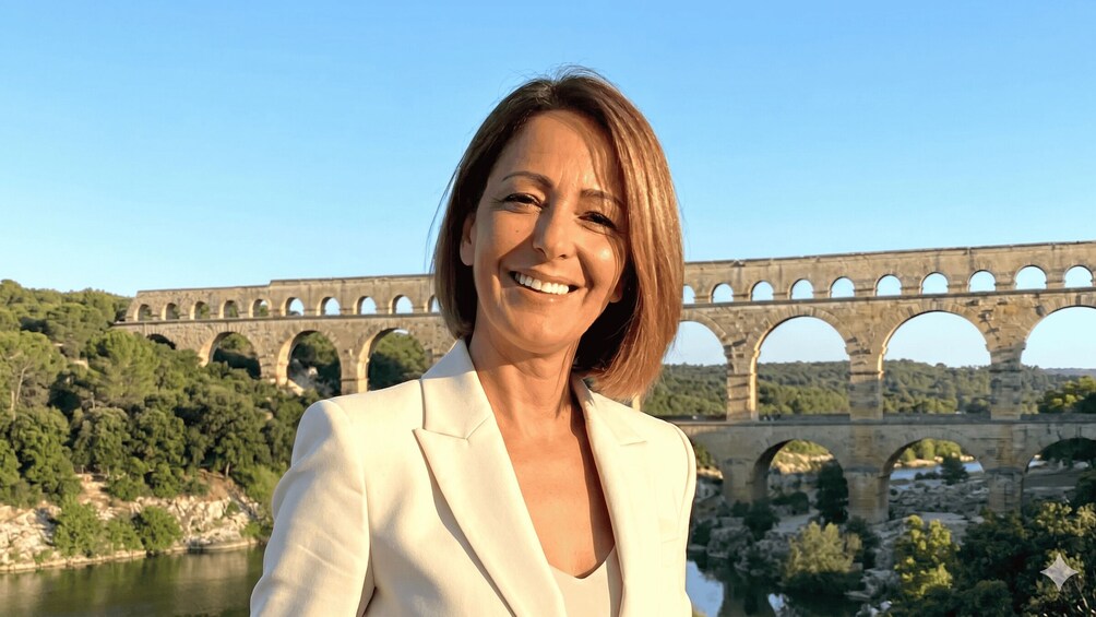 A person in a white blazer standing in front of a stone bridge with multiple arches over a river, surrounded by greenery. 1