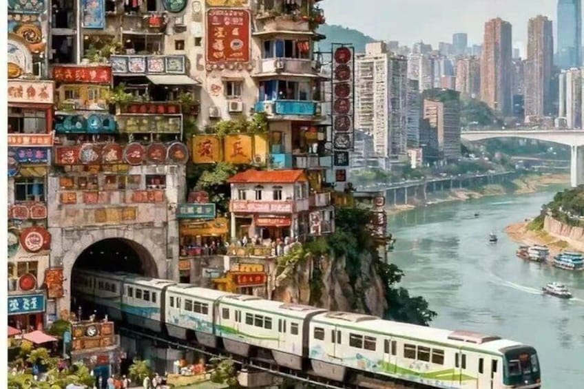 A train passing through a densely built urban area with colorful signage and a river in the background. 2