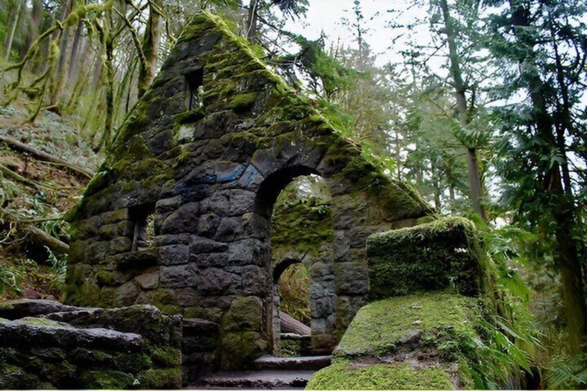 A moss-covered stone archway in a forest. 2