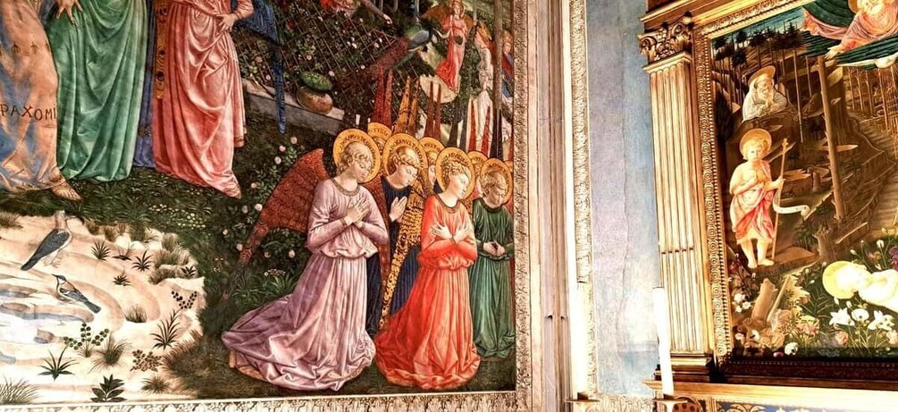 A fresco with religious figures, a staircase, and architectural details. 2