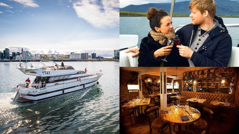 A boat on water, a couple on a boat, and a restaurant interior. 1