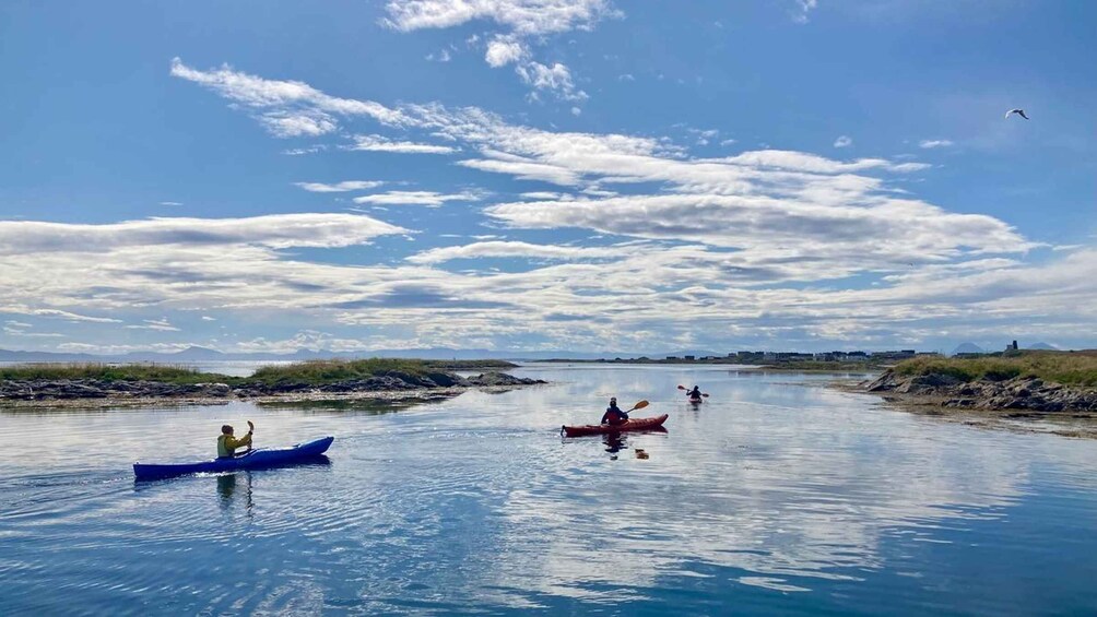 Kayakers on a calm river with a clear sky and distant land. 5
