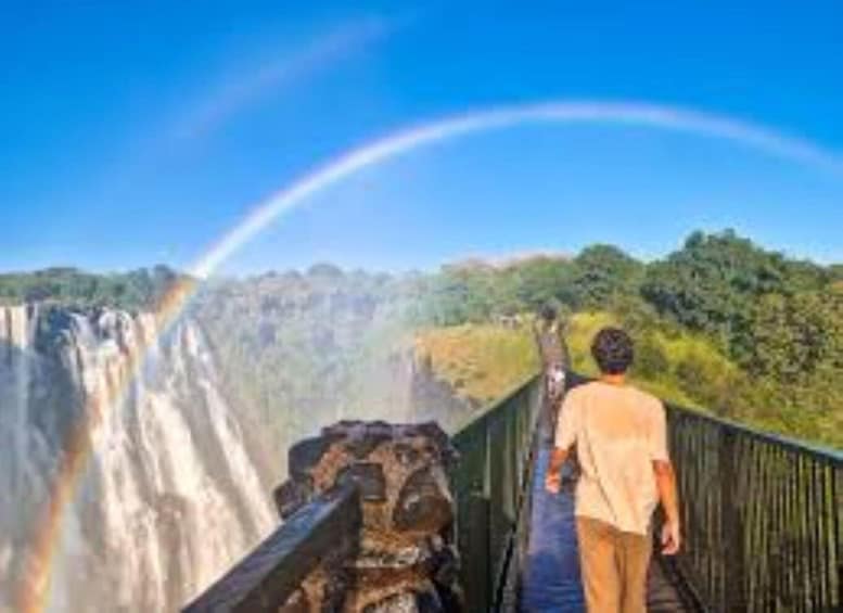 A person standing on a bridge overlooking a waterfall with a rainbow. 4