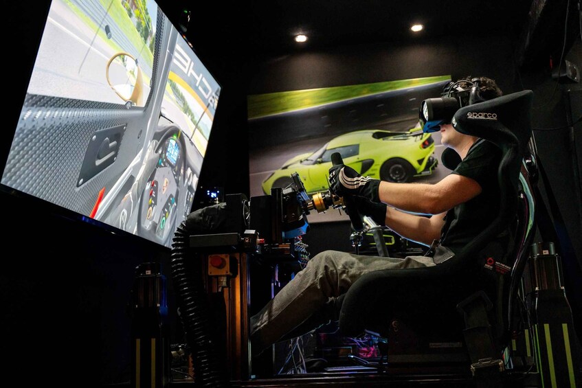 A person in a VR headset using a steering wheel and pedals, with a large screen displaying a car. 4