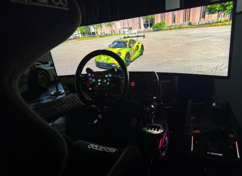 A racing game on a monitor with a steering wheel controller. 3