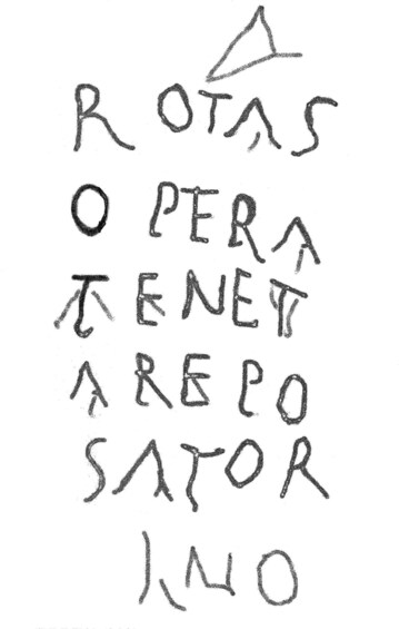 A hand-drawn diagram with the words 'ROTA' and 'SATOR' in a spiral pattern. 4