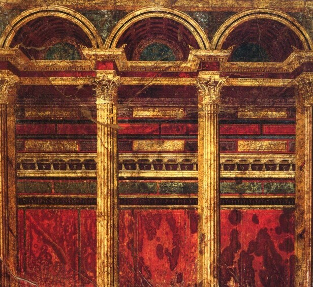A fresco with three arches, columns, and a red background. 5