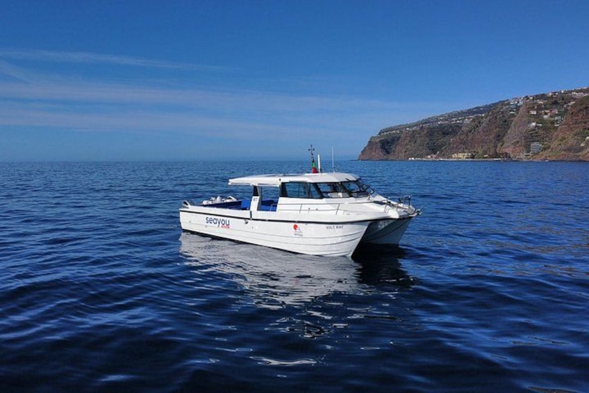 Una barca bianca chiamata 'seayou' su acque blu calme, con una costa rocciosa sullo sfondo. 5