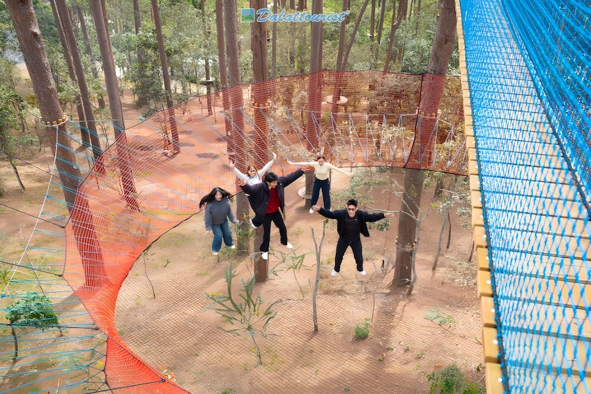 Un grupo de personas saltando sobre un circuito de obstáculos con redes en un área boscosa. 2