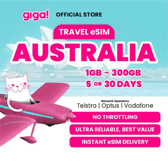 Mainosjuliste, jossa esitellään matkakäyttöön tarkoitettua eSIM-korttia Australiassa, ja kuvassa on kissa lentokoneessa. 1