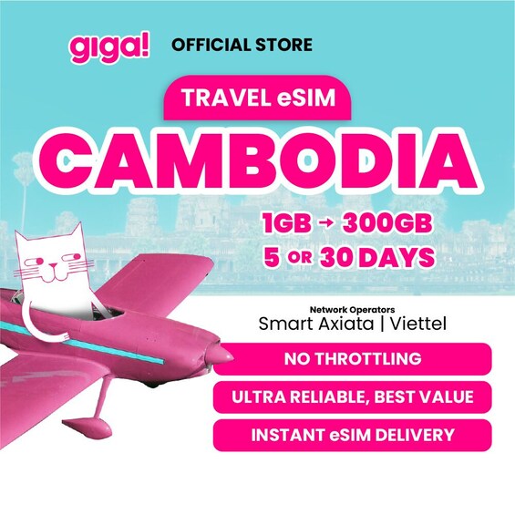 A promotional graphic for travel eSIM services to Cambodia, featuring a cat on a plane. 1