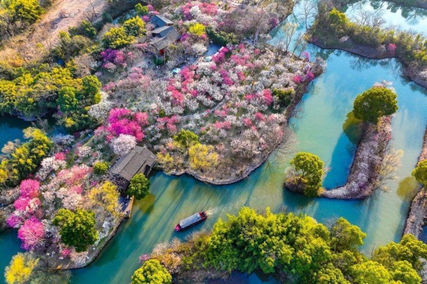 Vista aérea de una masa de agua con islas, árboles y un pequeño edificio. 3