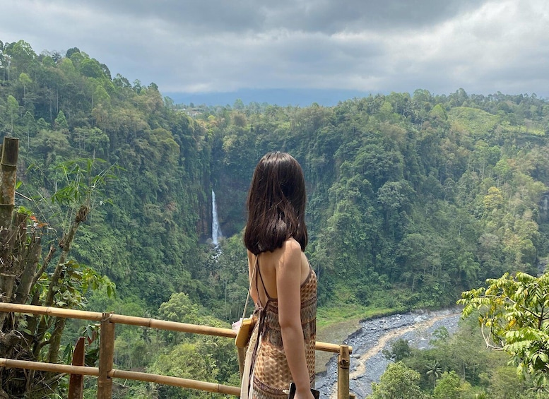 A woman overlooking a lush valley with a waterfall. 2