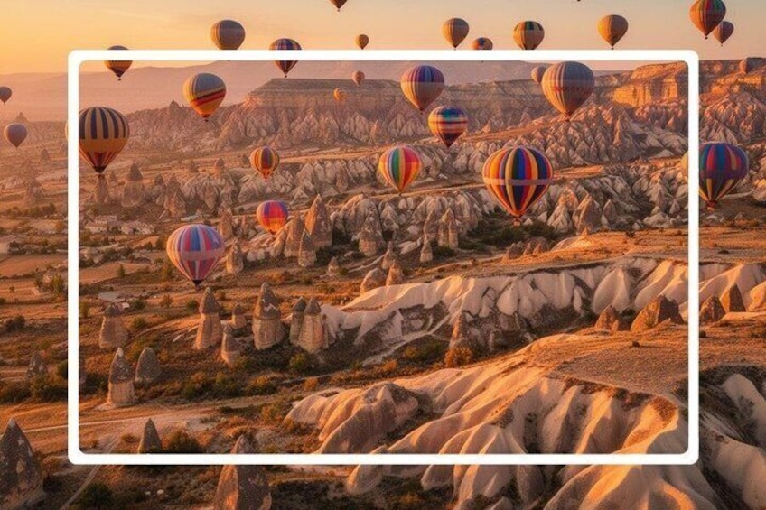 A landscape with numerous colorful hot air balloons and distinctive white rock formations. 4