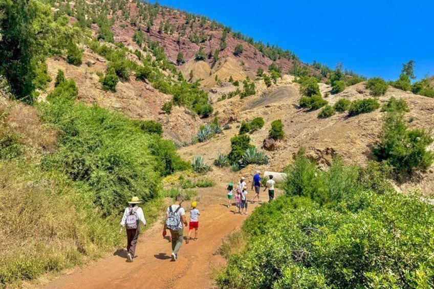 Un grupo de excursionistas en un sendero de tierra rodeado de vegetación verde y colinas de roca roja. 5