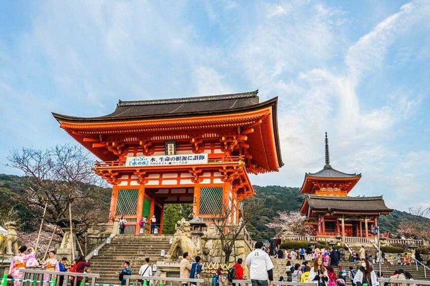 Een traditionele Japanse tempel met een groot, versierd poort en een kleinere pagode op de achtergrond. 2