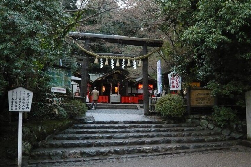 A traditional Japanese shrine entrance with stone steps leading up to a wooden torii gate, surrounded by lush greenery. 3