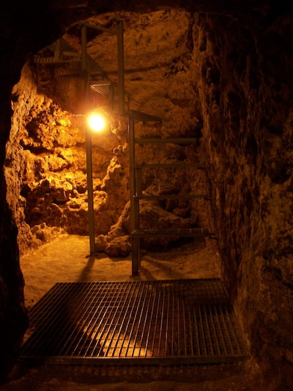 A dimly lit tunnel with a metal grate floor and a light source at the far end. 4