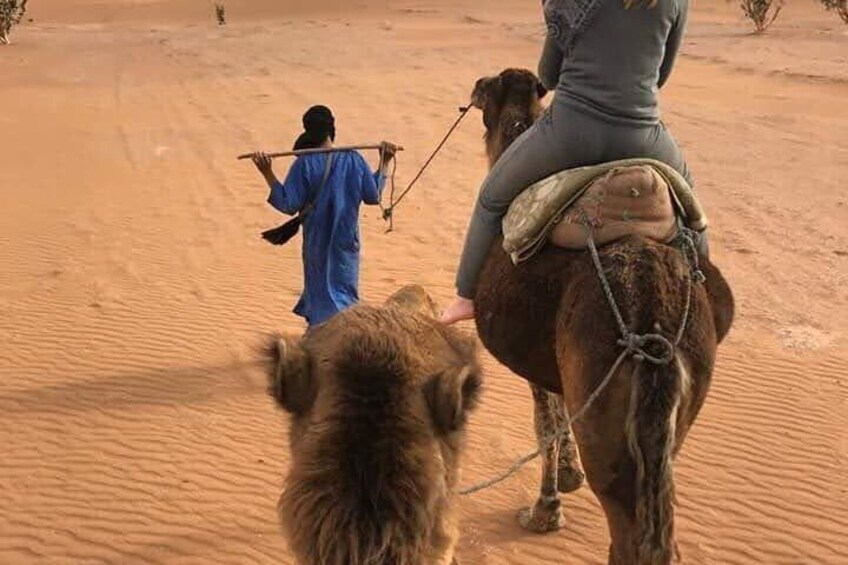 Una persona cavalca un cammello in un deserto, mentre un'altra cammina accanto. 4