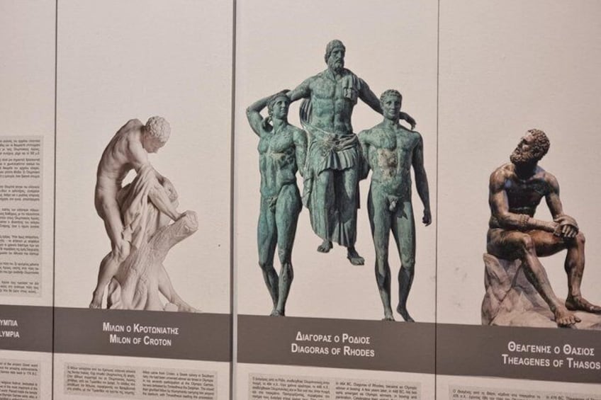 Three classical sculptures with descriptive labels. 3
