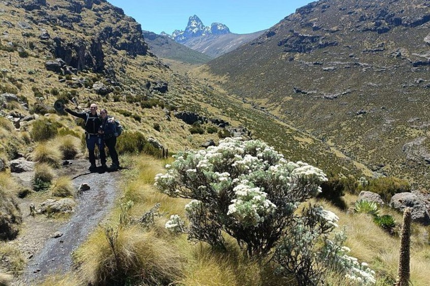 A mountainous landscape with a dirt path, rocky terrain, and sparse vegetation. 1