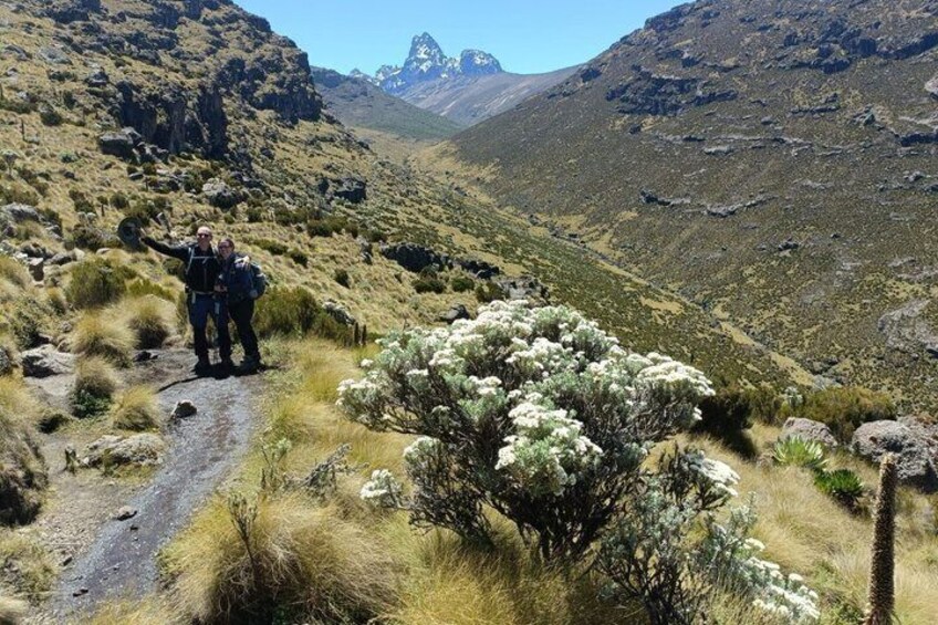 A mountainous landscape with a dirt path, sparse vegetation, and rocky terrain. 1