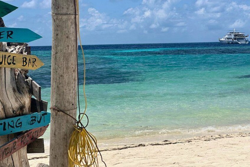 A wooden signpost with directional arrows, a sandy beach, turquoise ocean water, and a cruise ship in the distance. 2